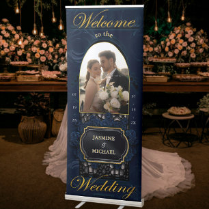 Navy Blue and Gold Elegant Welcome Wedding Photo Retractable Banner