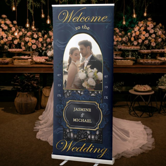 Navy Blue and Gold Elegant Welcome Wedding Photo  Retractable Banner (Creator Uploaded)