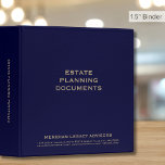 Navy Blue and Gold Estate Planning 1.5 inch 3 Ring Binder<br><div class="desc">Estate Planning Trust Documents binder with stylish navy blue background and fully customizable golden text. Use for your clients if you are a financial advisor or estate planner. Keep your trust,  will,  power of attorney,  instructions,  and other documents organized and safe.</div>