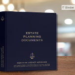 Navy Blue and Gold Estate Planning 3 Ring Binder<br><div class="desc">Organize your estate planning documents with sophistication using our Estate Planning Binder. The elegant golden justice scale logo on a rich navy background, paired with classic typography, exudes professionalism. Customize with your company name, address, and contact information. Ideal for estate planning professionals seeking a distinguished presentation of wills, trusts, and...</div>