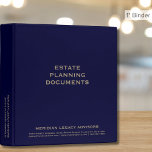 Navy Blue and Gold Estate Planning 3 Ring Binder<br><div class="desc">Estate Planning Trust Documents binder with stylish navy blue background and fully customizable golden text. Use for your clients if you are a financial advisor or estate planner. Keep your trust,  will,  power of attorney,  instructions,  and other documents organized and safe.</div>