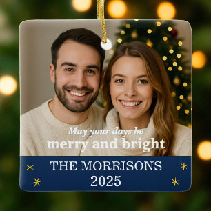 Navy Blue and Gold Family Photo Snowflake  Ceramic Ornament