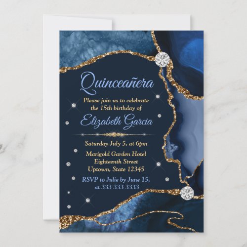 Navy Blue and Gold Faux Glitter Agate Quinceanera Invitation