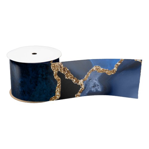 Navy Blue and Gold Faux Glitter Agate Satin Ribbon