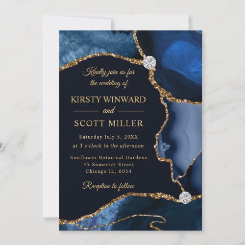 Navy Blue and Gold Faux Glitter Agate Wedding Invitation