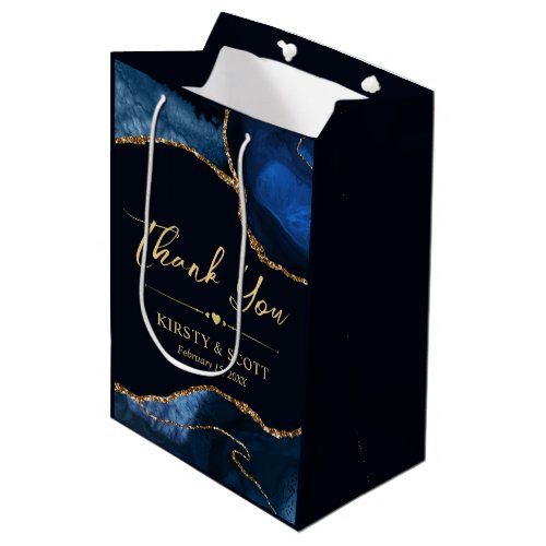Navy Blue and Gold Faux Glitter Agate Wedding Medium Gift Bag