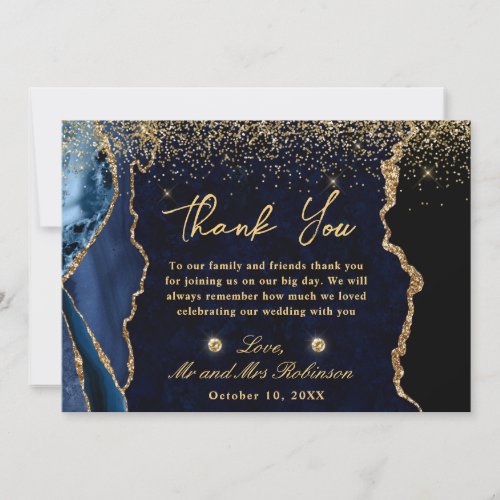 Navy Blue and Gold Faux Glitter Agate Wedding Thank You Card