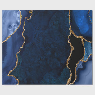 Navy Blue and Gold Faux Glitter Agate Wrapping Paper