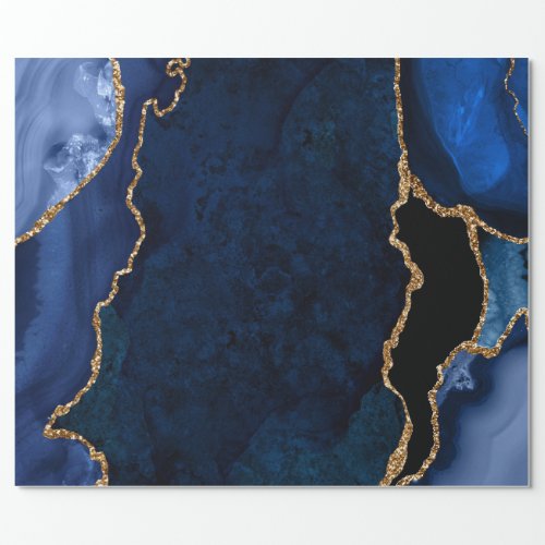 Navy Blue and Gold Faux Glitter Agate Wrapping Paper