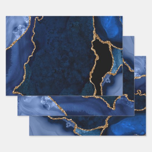 Navy Blue and Gold Faux Glitter Agate Wrapping Paper Sheets