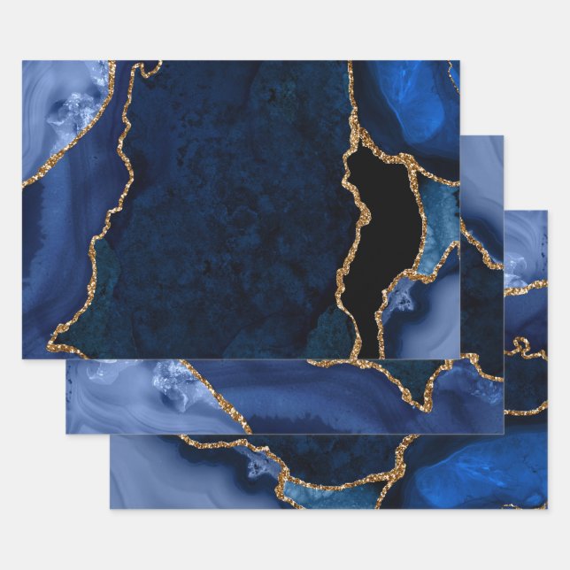 Navy Blue and Gold Faux Glitter Agate Wrapping Paper Sheets (Set)