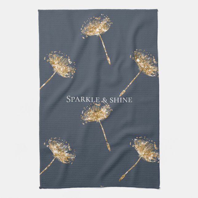 Navy Blue and Gold Faux Glitter Dandelion Flowers Kitchen Towel (Vertical)