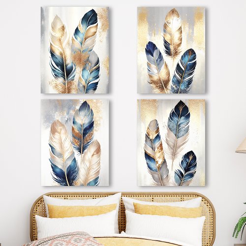 Navy Blue And Gold Feather Abstract Art Set Acrylic Photo Tile