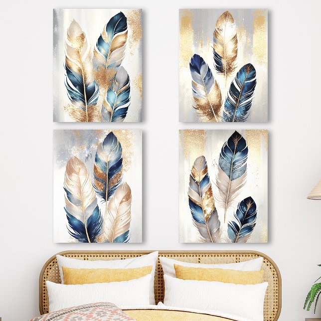 Navy Blue and Gold Feather Abstract Art Set Acrylic Photo Tile (Creator Uploaded)