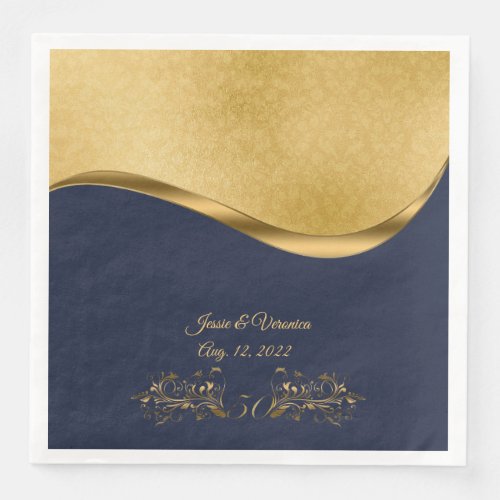 Navy Blue and Gold Fiftieth Wedding Anniversary Paper Dinner Napkins