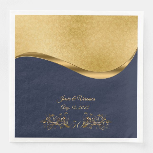 Navy Blue and Gold Fiftieth Wedding Anniversary Paper Dinner Napkins (Front)