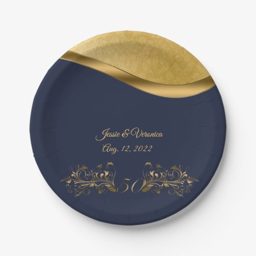 Navy Blue and Gold Fiftieth Wedding Anniversary Paper Plates
