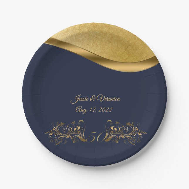 Navy Blue and Gold Fiftieth Wedding Anniversary Paper Plates (Front)