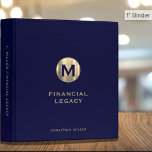 Navy Blue and Gold Financial Planner Binder<br><div class="desc">Keep your financial planning organized and professional with this personalized navy blue and gold binder featuring a large brushed gold monogram initial,  customizable name in classic block typography with "Financial Planner" below in modern sans serif font. The spine can also be customized to your preference.</div>