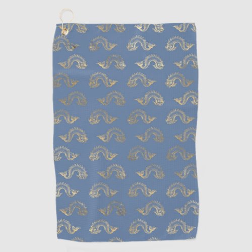 Navy Blue and Gold Fish design Golf Towel
