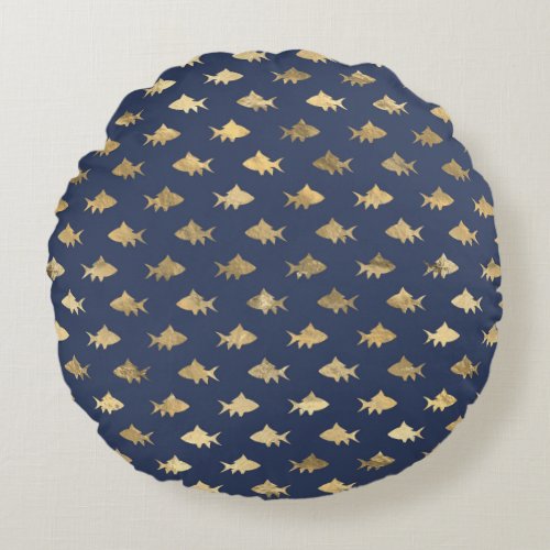 Navy Blue and Gold Fish design Round Pillow