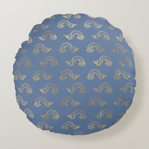 Navy Blue and Gold Fish design Round Pillow