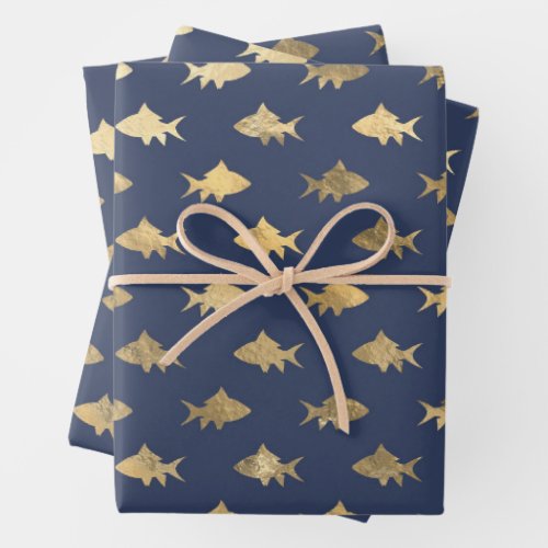 Navy Blue and Gold Fish design Wrapping Paper Sheets