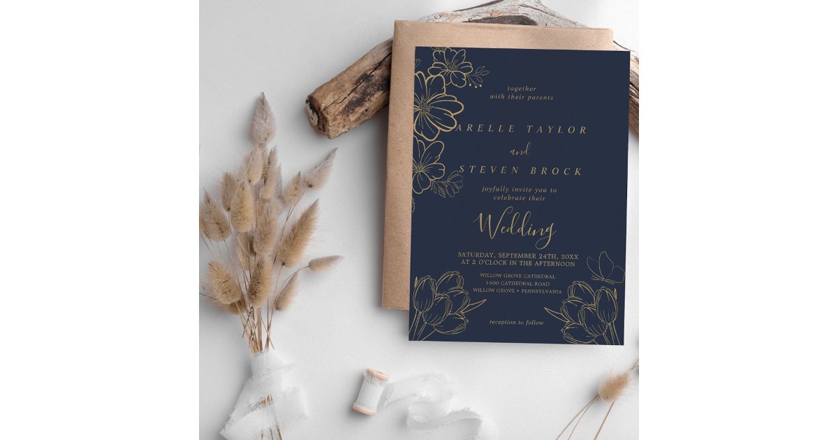 Navy Blue and Gold Floral Butterfly Wedding Invitation | Zazzle