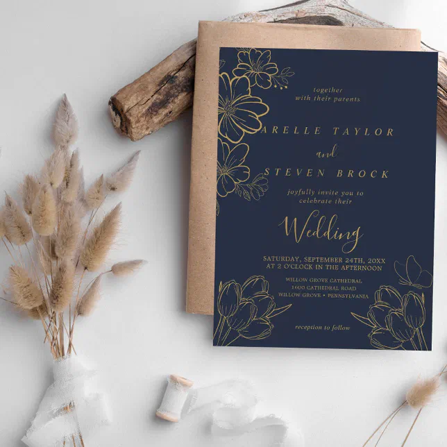 Navy Blue and Gold Floral Butterfly Wedding Invitation | Zazzle