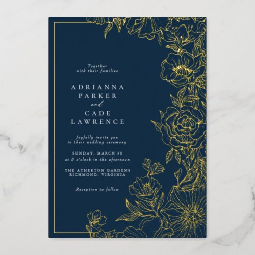 Navy Blue and Gold Floral  Classic Wedding Foil Invitation
