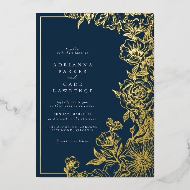 Navy Blue and Gold Floral | Classic Wedding Foil Invitation | Zazzle