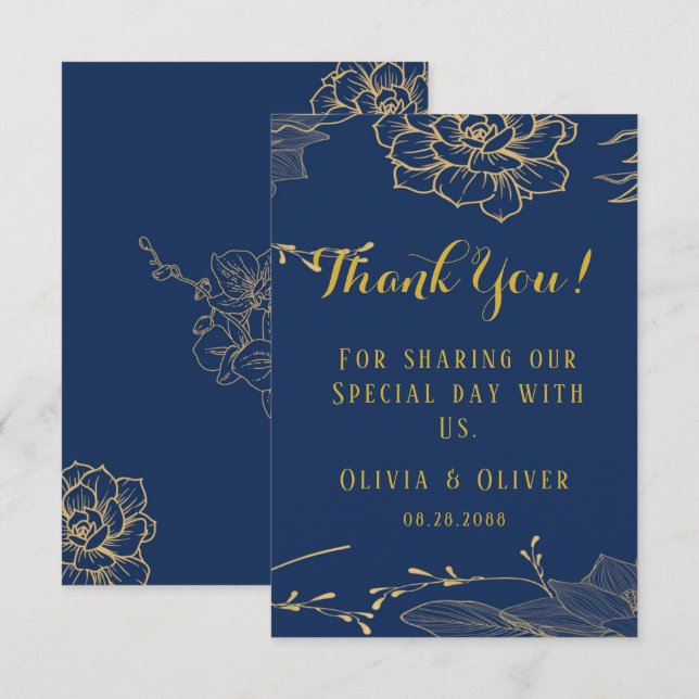Navy Blue And Gold Floral Custom Wedding Thank You Card (Front/Back)