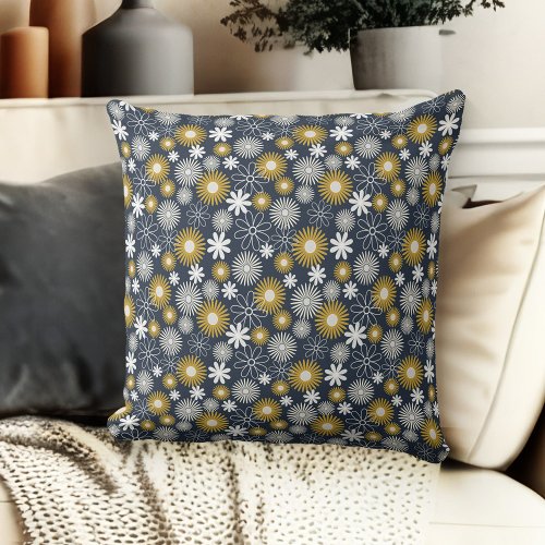 Navy Blue And Gold Floral Daisies Couch Throw Pillow