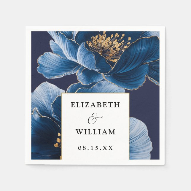Navy Blue And Gold Floral Elegant Modern Wedding Napkins (Front)