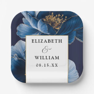 Navy Blue And Gold Floral Elegant Modern Wedding Paper Plates