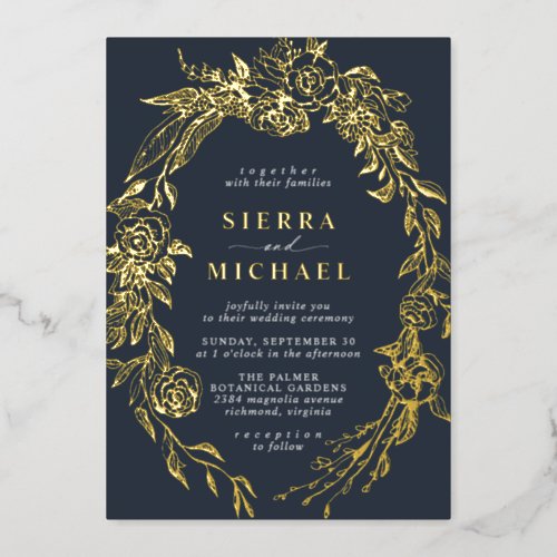 Navy Blue and Gold Floral  Elegant Moody Wedding Foil Invitation