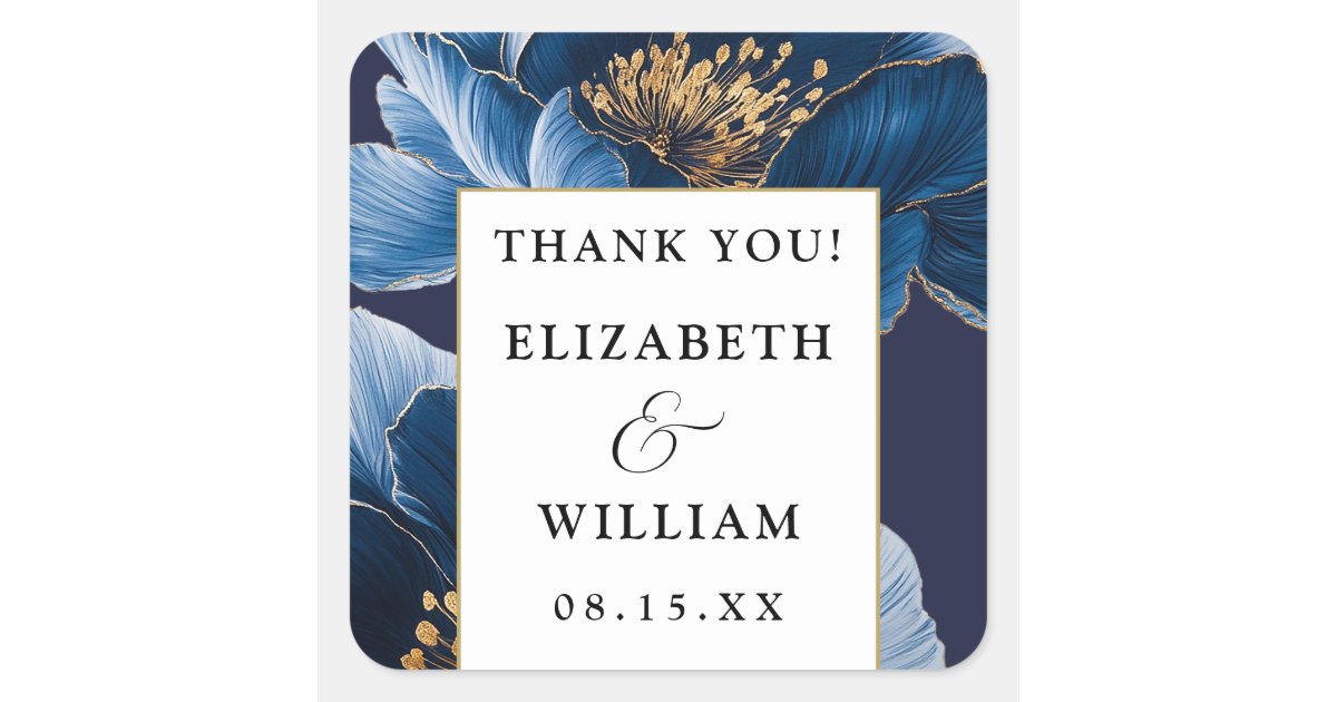 Navy Blue And Gold Floral Elegant Thank You Favor Square Sticker | Zazzle