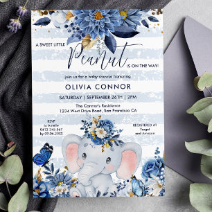 Navy Blue and Gold Floral Elephant Baby Boy Shower Invitation