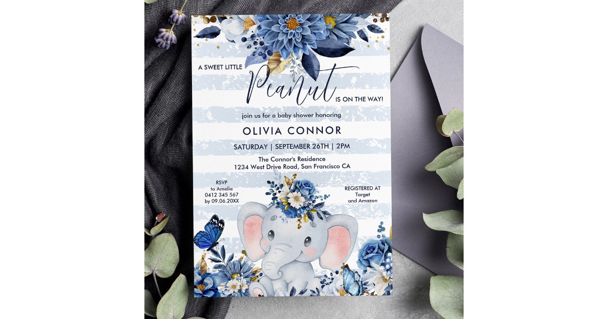 Navy Blue and Gold Floral Elephant Baby Boy Shower Invitation | Zazzle