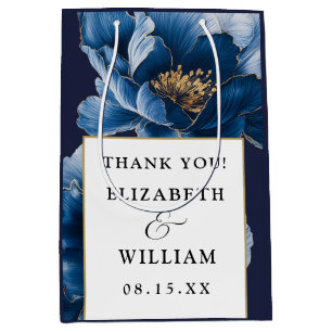 Navy Blue And Gold Floral Modern Wedding Thank You Medium Gift Bag