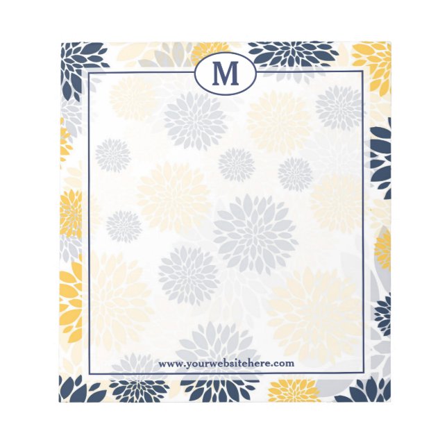 Navy Blue and Gold Floral Pattern Monogram Notepad (Front)