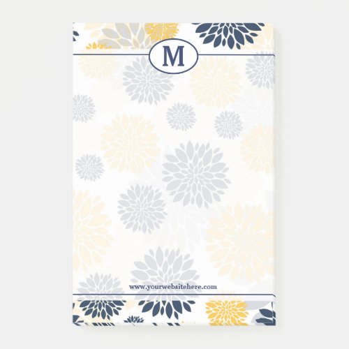 Navy Blue and Gold Floral Pattern Monogram Post_it Notes