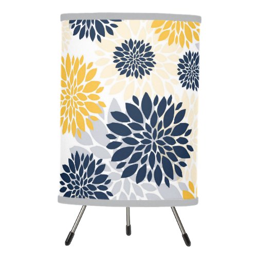 Navy Blue and Gold Floral Pattern Tripod Lamp