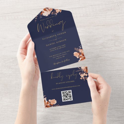 Navy Blue And Gold Floral QR Code Fall Wedding All In One Invitation