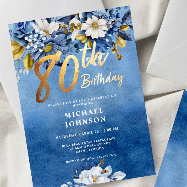 Navy Blue and Gold Floral Roses 80th Birthday Invitation (Creator Uploaded)