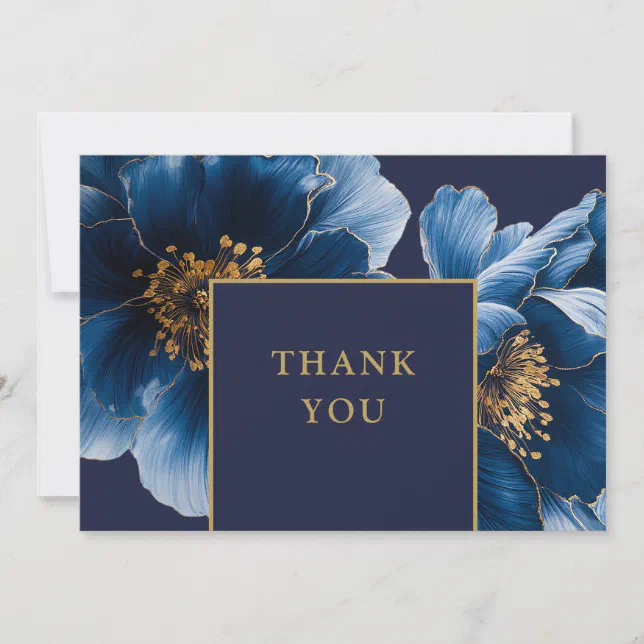 Navy Blue And Gold Floral Thank You Card | Zazzle