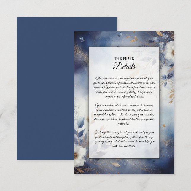 Navy Blue and Gold Floral Wedding Enclosure Card (Front/Back)