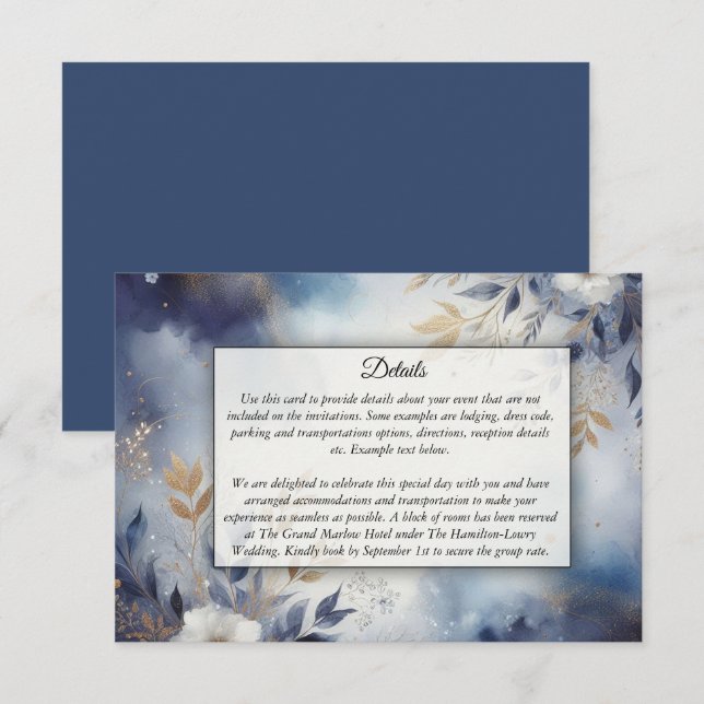 Navy Blue and Gold Floral Wedding Enclosure Card (Front/Back)