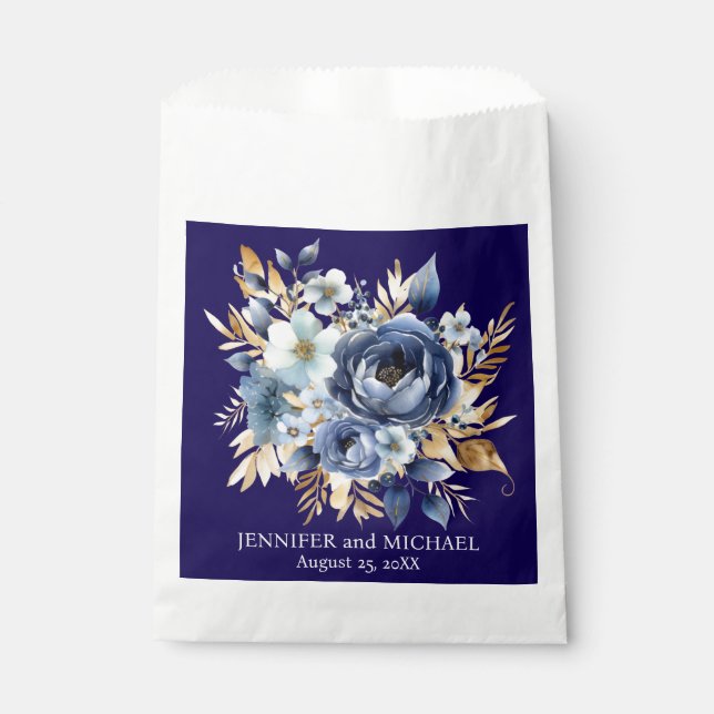 Navy Blue and Gold Floral Wedding Favor Bag (Front)