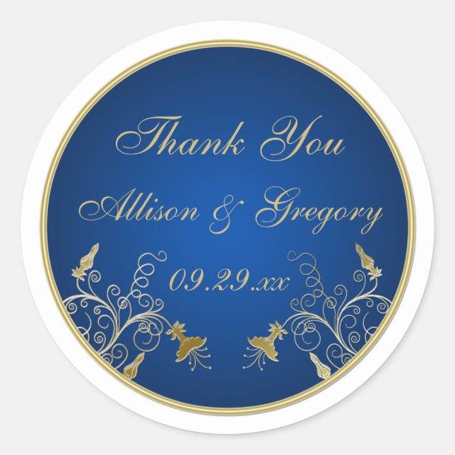 Navy Blue and Gold Floral Wedding Favor Sticker (Front)